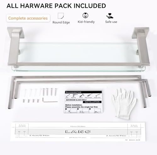 LANC Glass Shelf with Towel Rails 20 Inch Floating Tempered Bathroom Storage