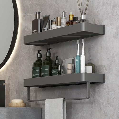 Wall Mounted Bathroom Shelves 2-Tier Floating Shelf with Hooks Gray