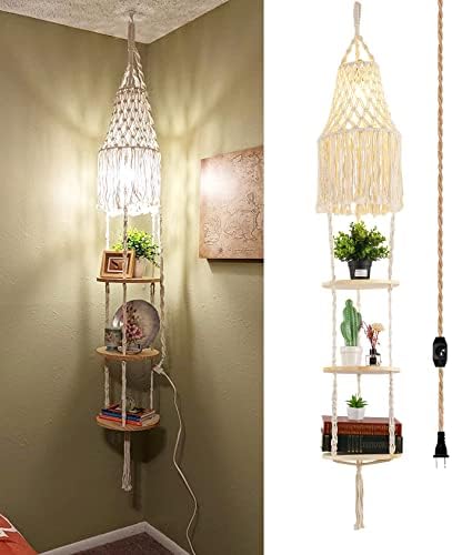Boho Plug in Pendant Light with 3 Tier Plant Shelf