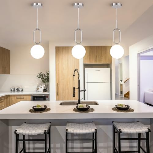 Modern Chrome Pendant Light with White Globe Shade 3-Pack