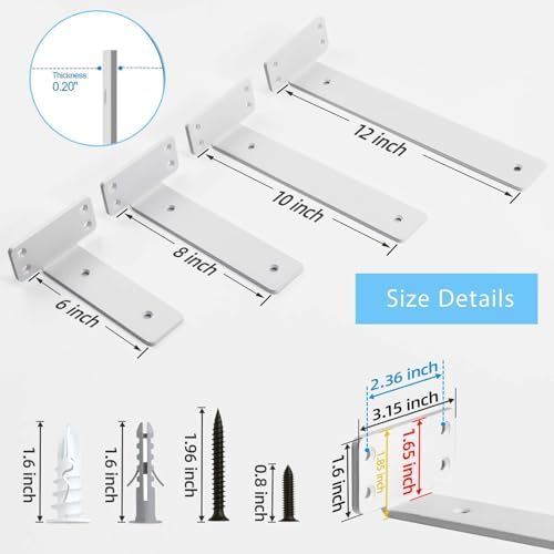Heavy Duty Floating Shelf Brackets 10-Inch Long 6-Pack Matte White L