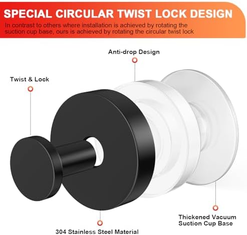 Stainless Steel Suction Cup Hooks for Shower Wall 2-Pack Black