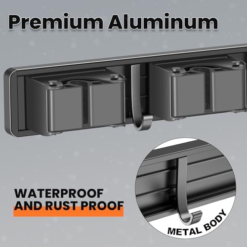 Broom Holder Wall Mount with 4 Racks and 3 Hooks