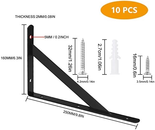 10 Pack Heavy Duty Black Shelf Brackets with 90 Degree Triangle Design