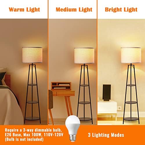 Floor Lamp with 3-Tier Shelves and Dimmable Light