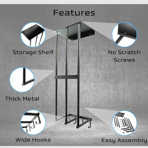 Camping Chair Wall Storage Rack with Floating Shelf and 4 Hooks Black