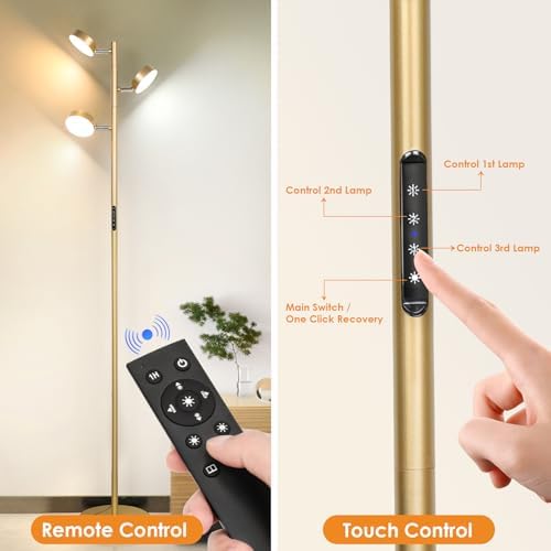 Gold Floor Lamp with 3 Adjustable Heads and Remote Control