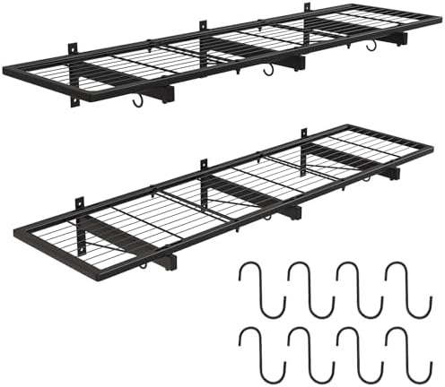 2 Pack Heavy Duty Garage Wall Shelves with 8 Hooks