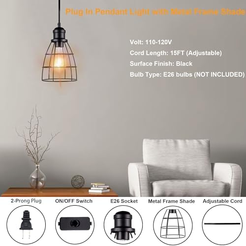 LIT-PATH Plug In Pendant Lighting 2-Pack Black