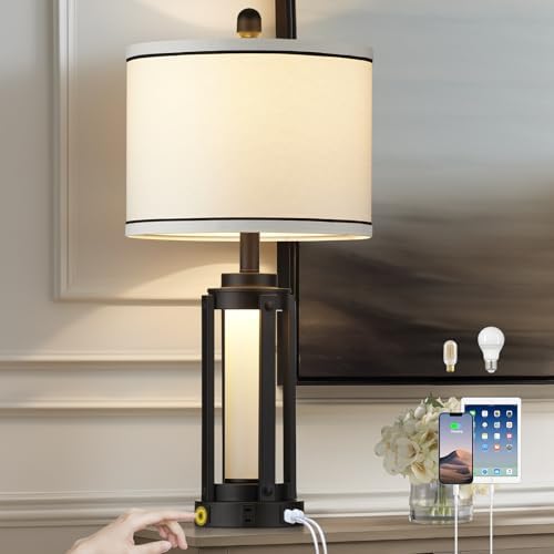 26 Modern Table Lamp with USB Charging and AC Outlet Black Industrial Style