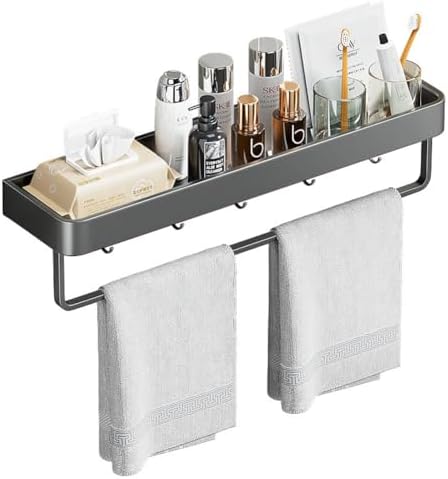 Wall Mounted Bathroom Shelves 2-Tier Floating Shelf with Hooks Gray
