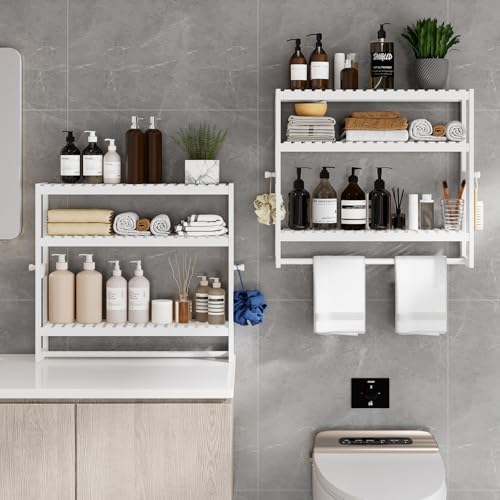 3-Tier Adjustable Bamboo Bathroom Shelf with Hooks