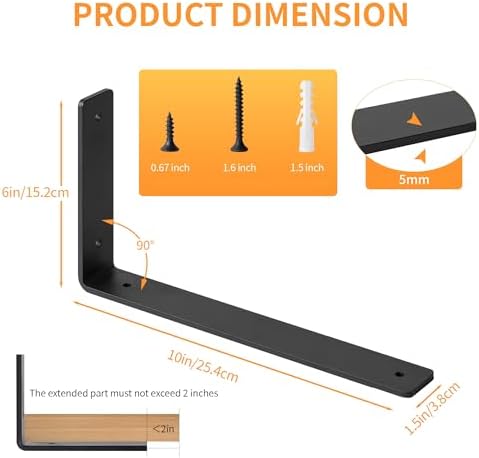 KLOMPAR Heavy Duty L Shelf Bracket 6 Pack Black
