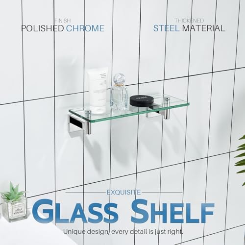 KOKOSIRI 12-Inch Floating Glass Shelf with Towel Hooks 2 Pack