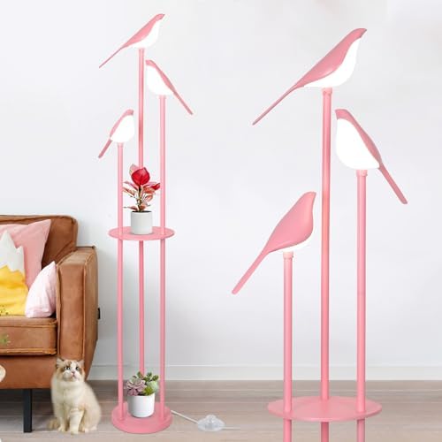 Pink Bird Floor Lamp with Shelves and 3 Lights