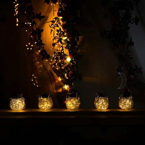 Cooo 6 Pack Heavy Crackle Glass Solar Lantern with 30 LED Firefly Lights