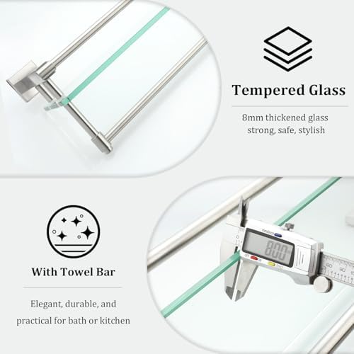 Alise 20 Inch Tempered Glass Bathroom Shelf with Towel Bar