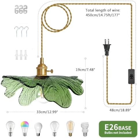 Plug in Pendant Light with Brass Base and Glass Shade