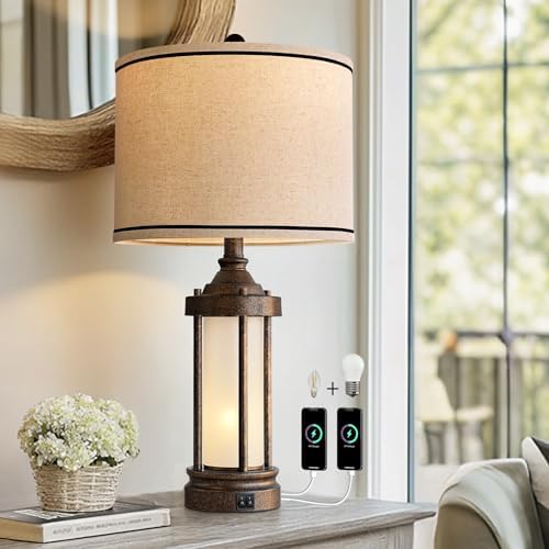 25 Inch Farmhouse Table Lamp with 2 USB Ports and 2 Bulbs