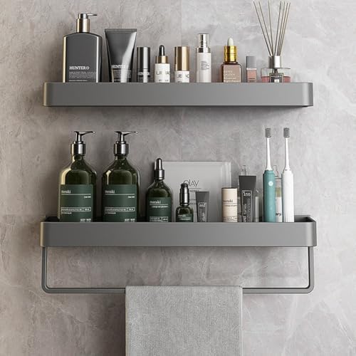 Wall Mounted Bathroom Shelves 2-Tier Floating Shelf with Hooks Gray