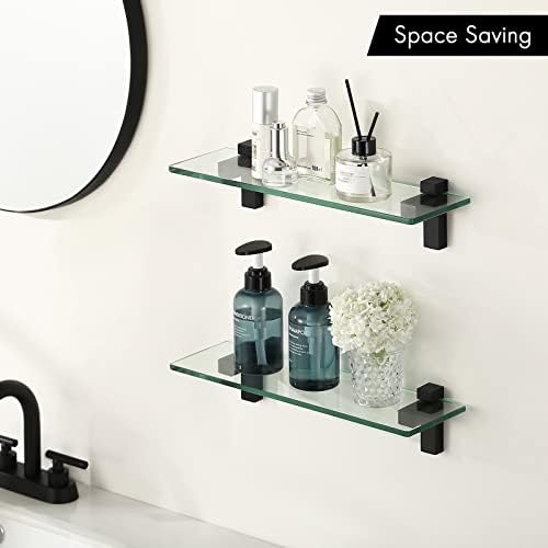 KES 2 Pack Tempered Glass Floating Shelves for Bathroom Matte Black