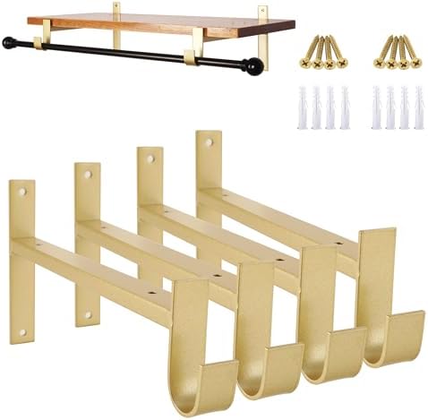 AddGrace Heavy Duty 10 Inch Gold Shelf Brackets with Hook 4 Pack