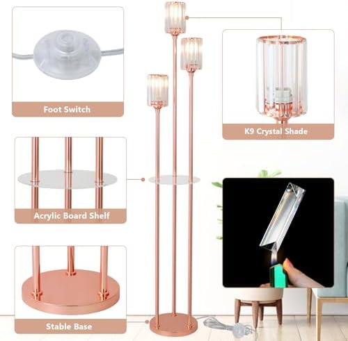 HMVPL Pink Floor Lamp with Shelves and Crystal Shade