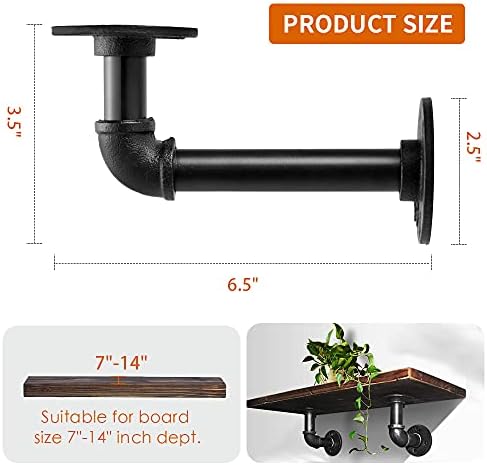 Janyang Industrial Pipe Shelf Brackets 6 Pack Black 8-14 Inch