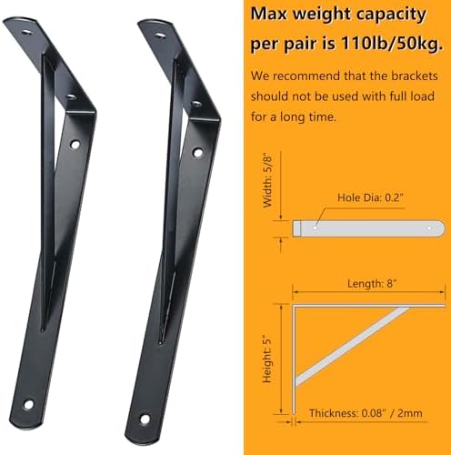 Heavy Duty 8x5 Inch Floating Shelf Brackets 4 Pack Black