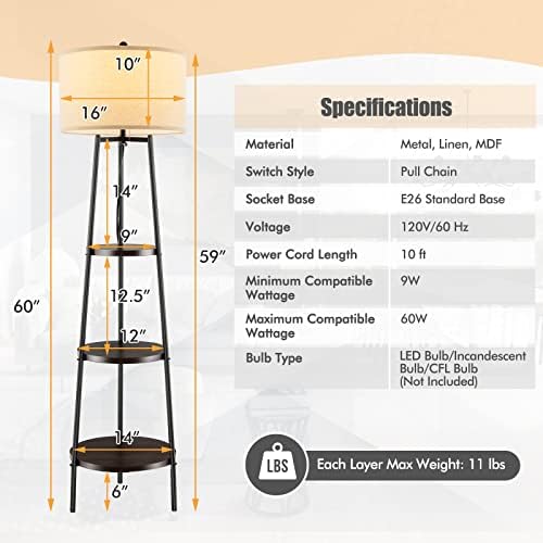 Giantex Floor Lamp with 3 Tier Shelves 60 Inch Modern