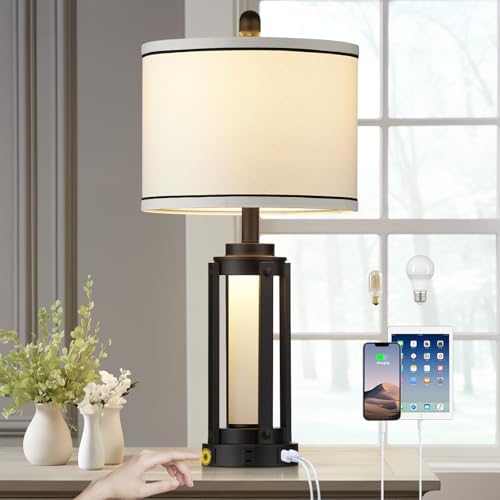 26 Modern Table Lamp with USB Charging and AC Outlet Black Industrial Style
