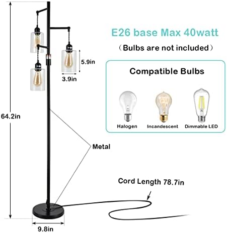Airposta 3-Head Industrial Floor Lamp with Dimmable Switch Black