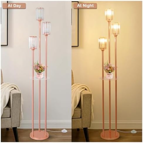 HMVPL Pink Floor Lamp with Shelves and Crystal Shade