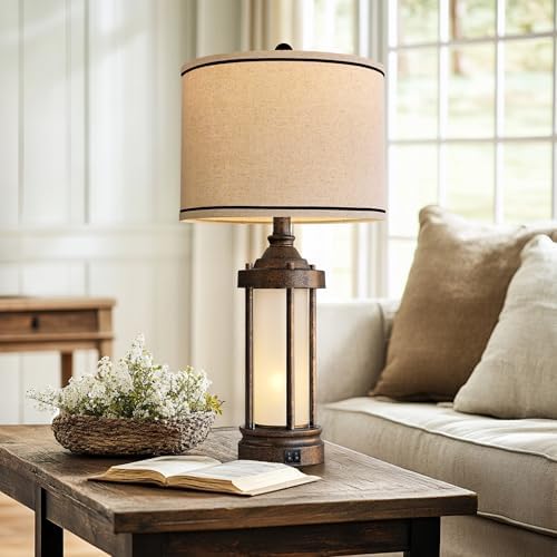 25 Inch Farmhouse Table Lamp with 2 USB Ports and 2 Bulbs