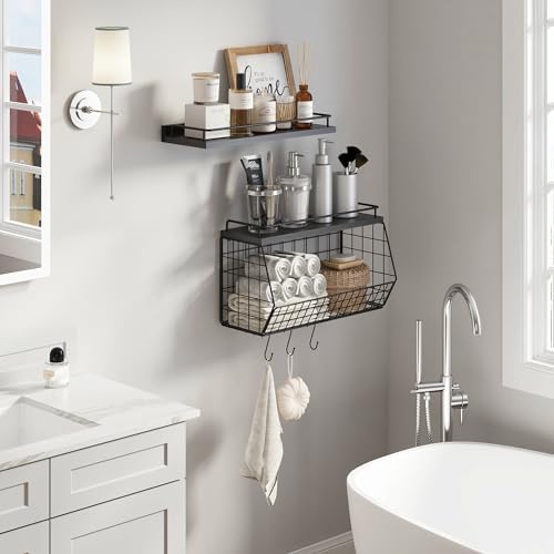 Bathroom Shelves With Hooks And Wire Basket