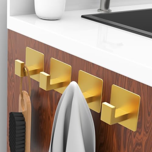 PMMASTO Adhesive Hooks Towel Hooks - 2 Pack Gold Aluminum Wall Hooks