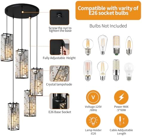 Black Pendant Light With Crystal Adjustable for Kitchen and Dining Room