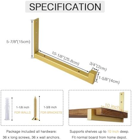 OVOV 6 Pack Heavy Duty Shelf Brackets Gold 10 Inch