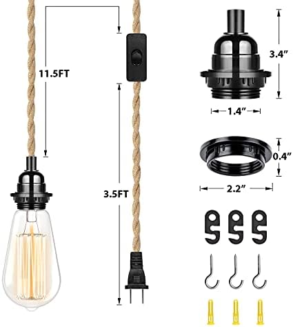 Hemp Rope Pendant Light Fixture 15FT E26 Industrial Farmhouse Style
