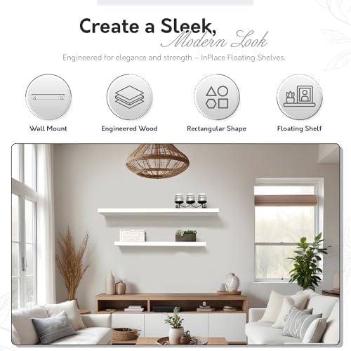 InPlace Wall Mount Slim Shelf with Hidden Brackets - White