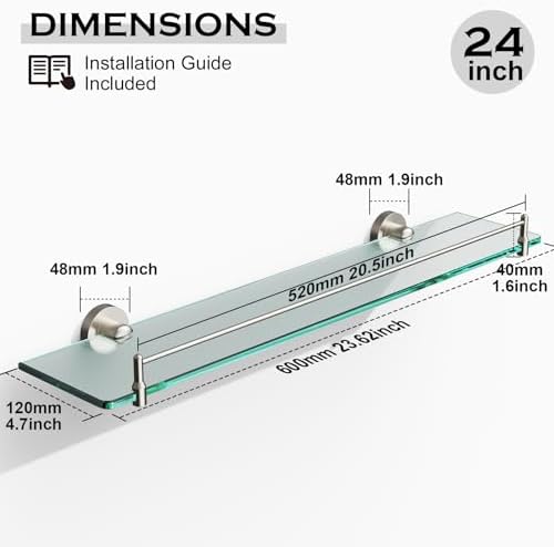 24-Inch Brushed Nickel Floating Glass Bathroom Shelf