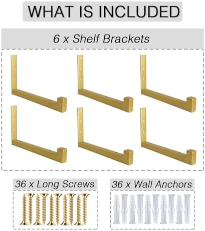 OVOV 6 Pack Heavy Duty Shelf Brackets Gold 10 Inch