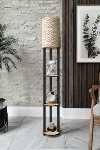 Oak White Floor Lamp with Shelves for Living Room and Bedroom