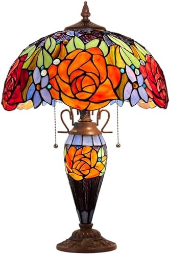 Capulina Tiffany Table Lamp 3-Light Red Yellow Rose Style