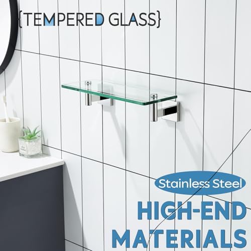 KOKOSIRI 12-Inch Floating Glass Shelf with Towel Hooks 2 Pack