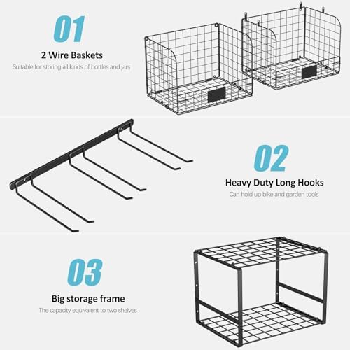 ThreeHio Heavy Duty Wall Mounted Garage Shelf with Wire Baskets