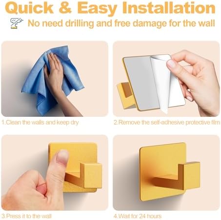 PMMASTO Adhesive Hooks Towel Hooks - 2 Pack Gold Aluminum Wall Hooks