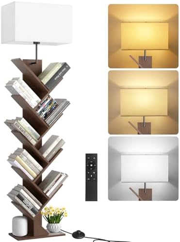 9 Tier Tree Bookshelf with Light Remote Timer Dimmable Floor Lamp