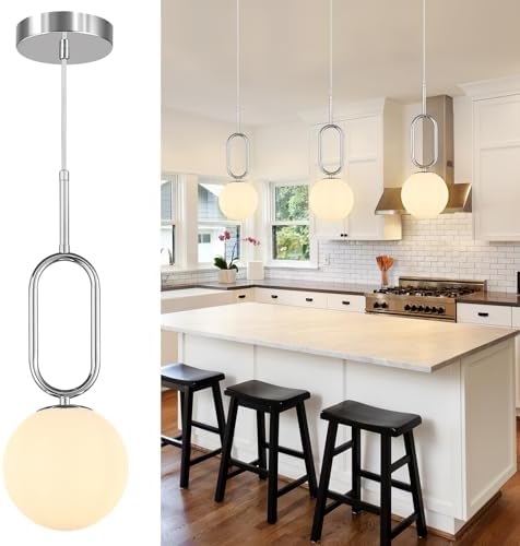 Modern Chrome Pendant Light with White Globe Shade 3-Pack