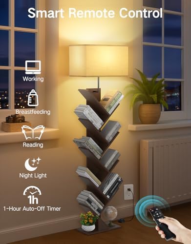 9 Tier Tree Bookshelf with Light Remote Timer Dimmable Floor Lamp